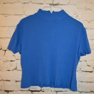 St John Blue Knit Mock Neck Cropped Shirt Medium